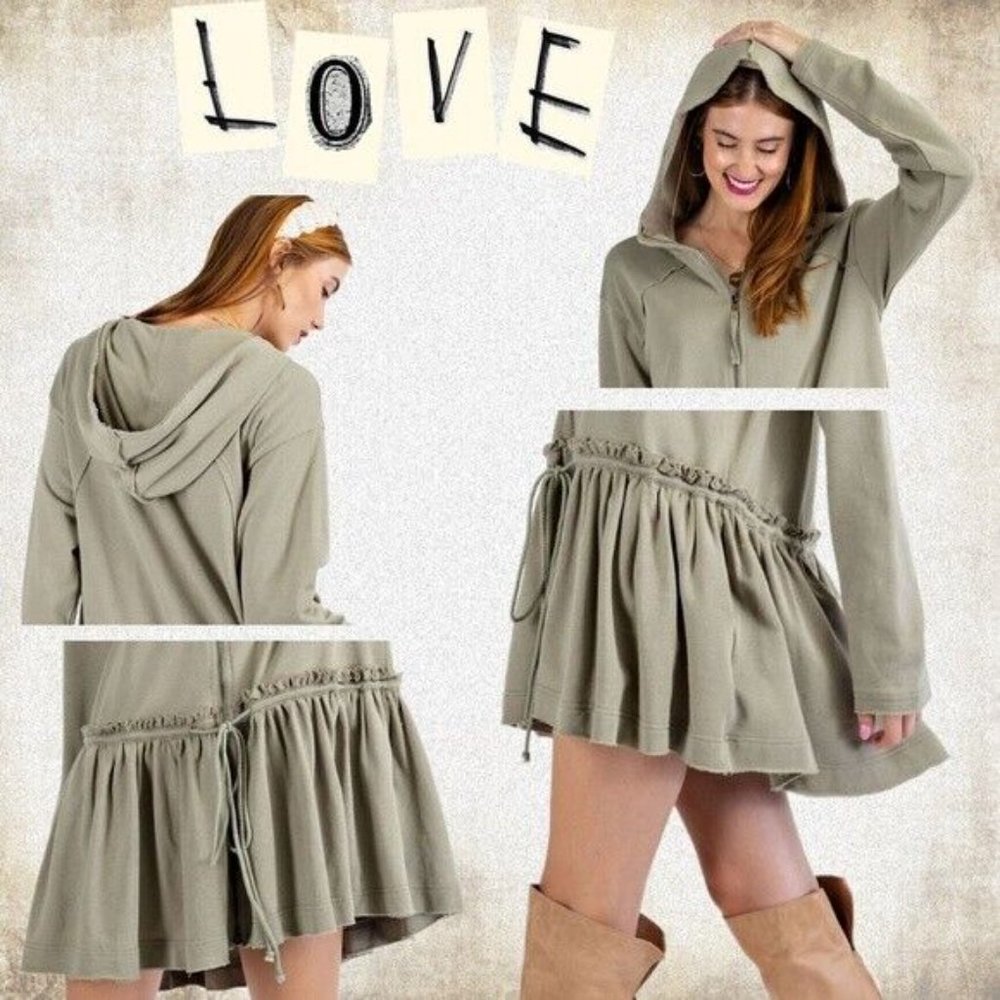 EASEL Lux Cotton Zip Front Hoodie Drawstring Waist Ruffled Trim Raw Seams SOFT! - Picture 9 of 10